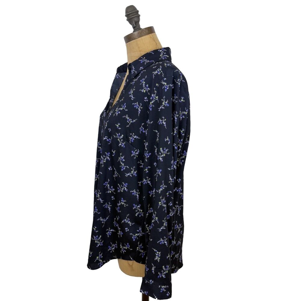 ANN TAYLOR Woven Dress Shirt Petite L Navy Blue Floral Print Button Up Top B4 - Picture 4 of 5